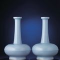 A very rare pair of clair-de-lune glazed bottle vases, Yongzheng six-character marks within double-circles and of the period