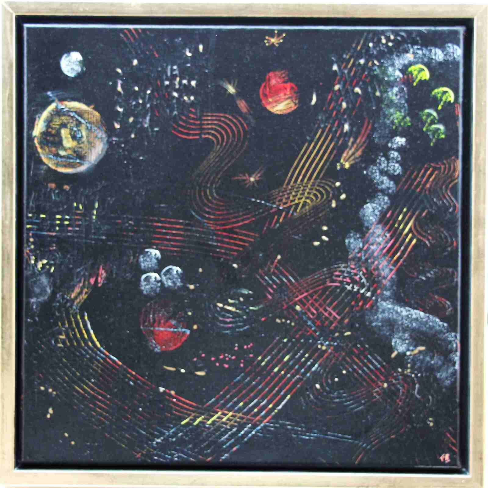 Mon espace-temps- acryl2022- 40  X40 cm- cadre doré - N°205-
