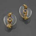A rock crystal, demantoïd garnet, sapphire and gold pair of ear clips by René Boivin, circa 1980