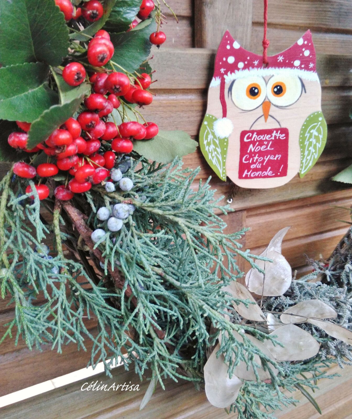 suspension bois découpé chouette peint main