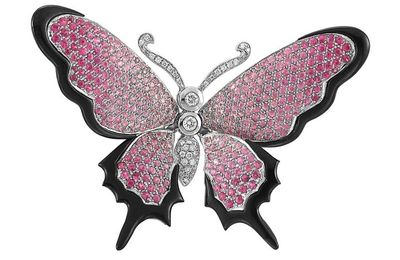 White Gold, Pink Sapphire, Diamond and Black Onyx "en Tremblant" Butterfly Clip-Brooch 