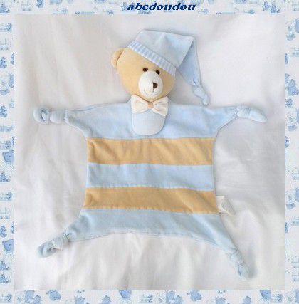 Doudou Peluche Plat Ours Rayures Bleu et Marron Noeud Bonnet Bleu Kimbaloo