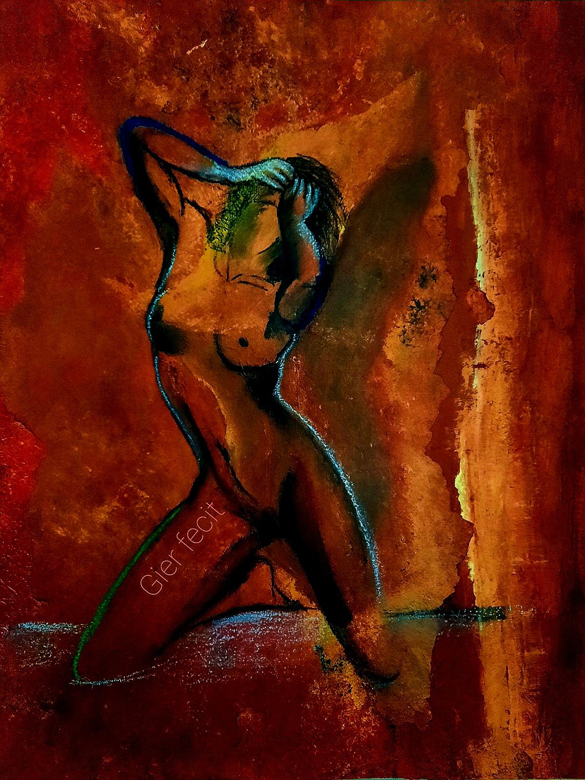 Nu féminin, de face, se tient la tête, a genoux, jambes écartées. Traits façon croquis 