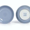 A fine pair of 'Clair-De-Lune'-glazed saucers, Marks and period of Yongzheng