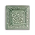 A rare molded 'Longquan' celadon-glazed 'deer' square dish, Yuan dynasty (1271-1368)