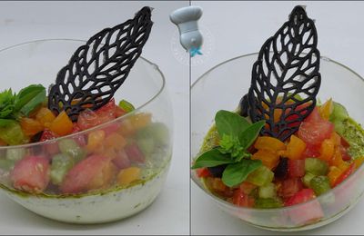 Panna cotta au pesto, salade de tomates multicolores, tuile à l'encre de seiche