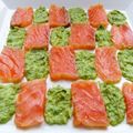 Mosaïque de saumon mariné et son guacamole à l'aneth