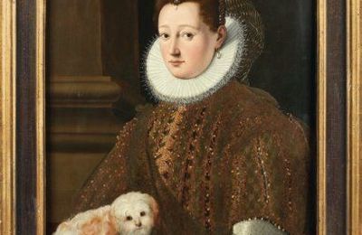 Ecole Florentine de la fin du XVIème siècle, entourage de Alessandro Allori. Portrait de femme à la collerette et son chien 