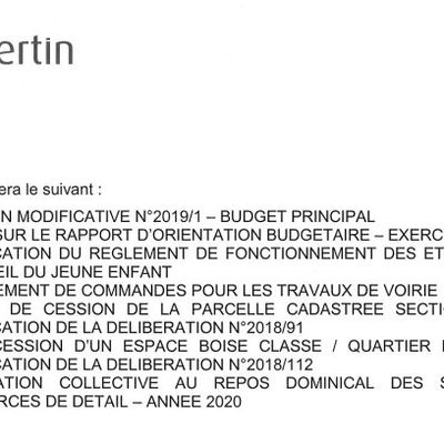 Ordre du jour du conseil municipal de Saint-Avertin du 20 novembre 2019