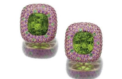 Pair of cushion-shaped peridot, tsavorite and pink sapphire ear clips, Michele della Valle