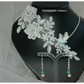 Collier en dentelle perlée délicat et raffiné pour mariées romantiques avec papillon teinté turquoise Perlaminette