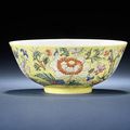 A famille rose yellow-ground bowl. Daoguang seal mark and of the period