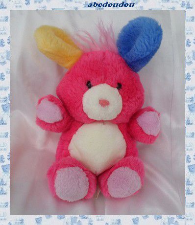 Doudou Peluche Souris Assis Rose Blanc Oreilles Bleu Et Jaune