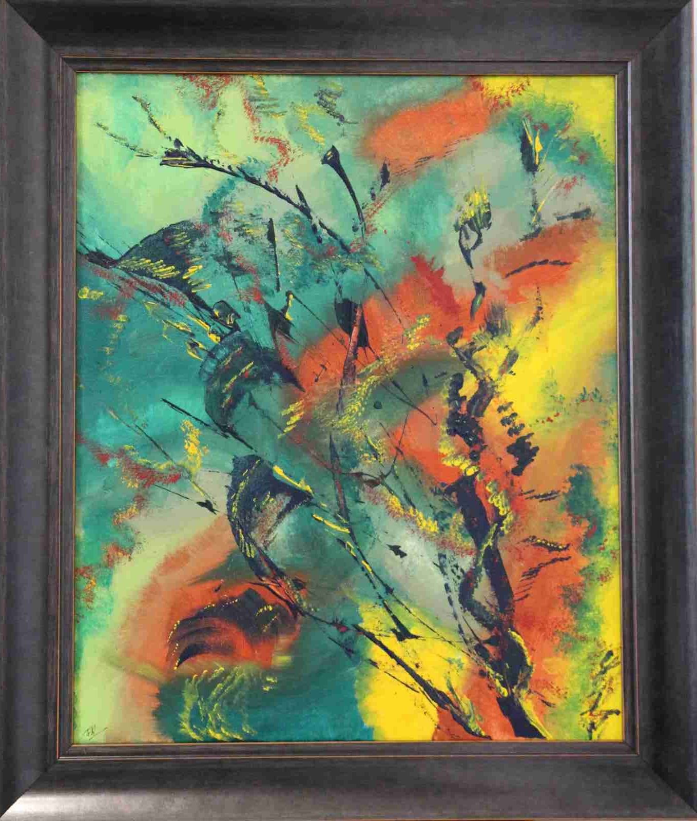 Respiration verte- acryl 2021- 61X50cm- cadre noir fil orange- (n°187)-