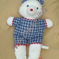 Doudou Peluche Souris Eponge Blanc Vêtement Tissu Carreaux Bleu Liseré Rouge Jacadi