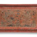 A rare tianqi and qiangjin lacquer 'dragons' tray, Wanli incised eight-character mark cyclically dated to the Dingwei year, 1607