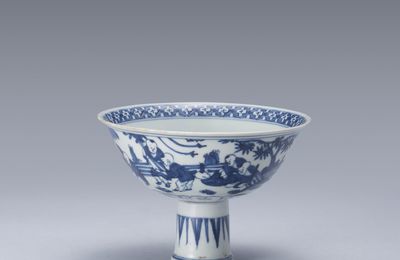 A blue and white 'Boys' stemcup, Ming Dynasty, 16th century
