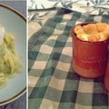 Oeuf pôché sur un lit de tagliatelles à la crème de pesto vanillée aromatisée à l'eau de fleur d'oranger & Soufflé au Beaufort