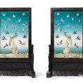 A pair of ivory-inlaid lacquer panels and wood stands, Qing dynasty, Qianlong period (1736-1795)