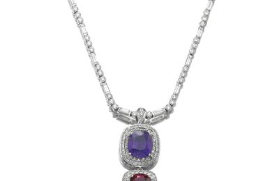 Sapphire, ruby and diamond pendent necklace