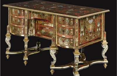 A mother-of-pearl, copper, stained horn inlaid brass and turtleshell contre-partie boulle marquetry bureau Mazarin, Louis XIV