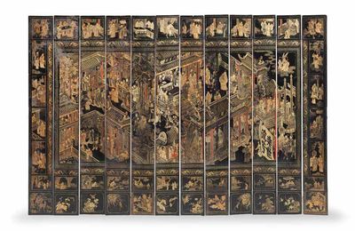 A twelve-leaf lacquer 'palace' screen, Qianlong, ciclycally dated to the Gengyin year, corresponding to 1770 and of the period