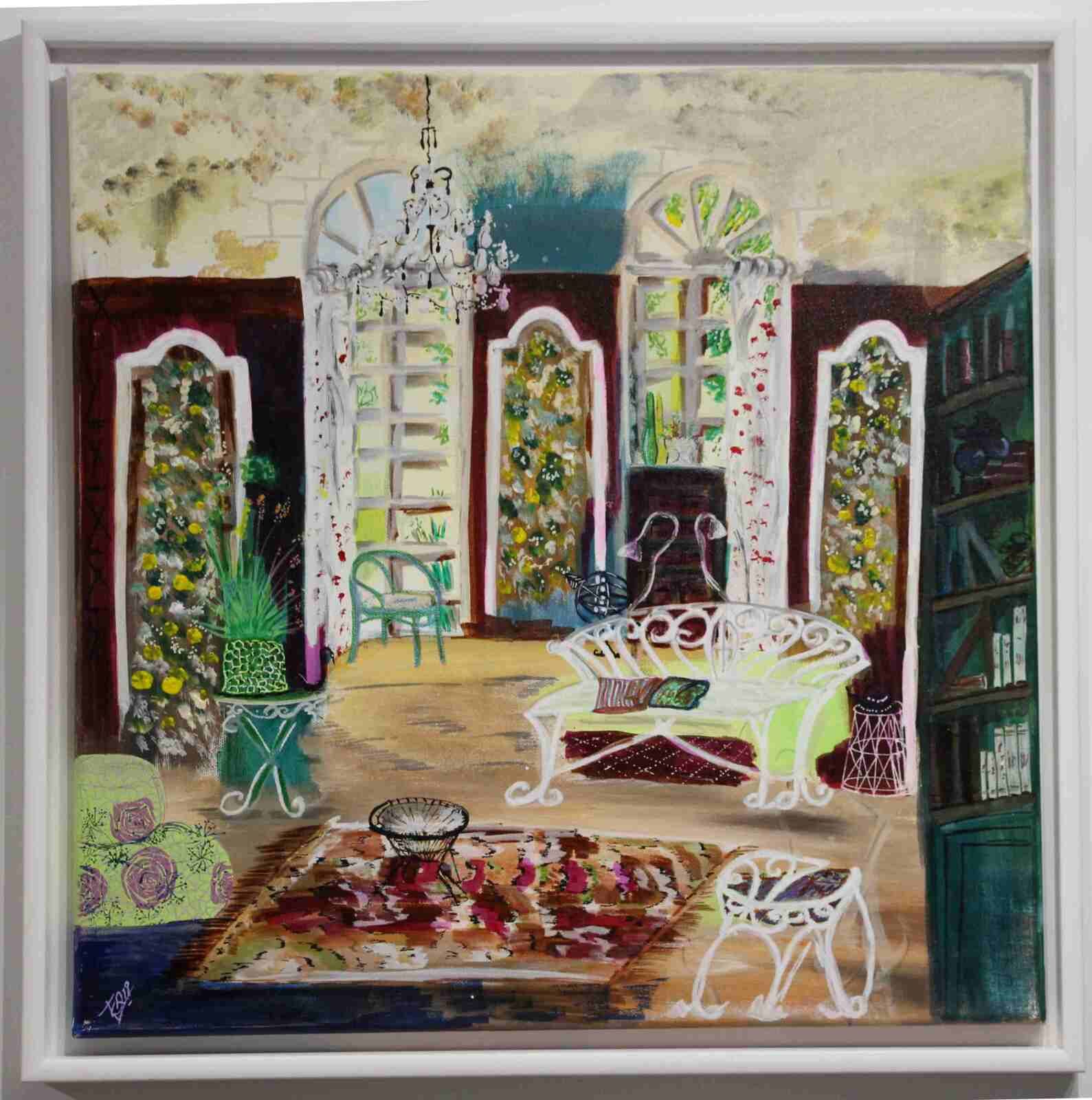 Lecture au salon-acryl2018- cadre blanc- 50X50cm- (n°116),