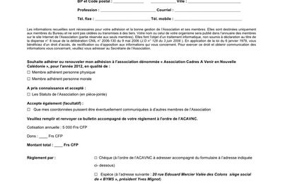 Formulaire d'adhésion à l'ACAVNC