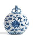 An Extremely Rare Blue and White 'Peony' Moonflask, Ming Dynasty, Yongle Period (1403-1425)