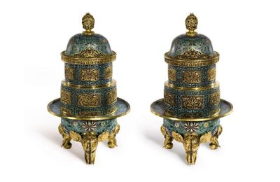 A Pair of Massive Cloisonné Incense Burners and Covers, Qing Dynasty, Qianlong Period (1736-1795)