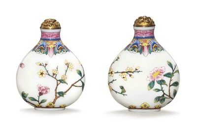 A very rare and finely enamelled famille rose glass snuff bottle, Imperial, Palace Workshops, Beijing, Qianlong mark and period