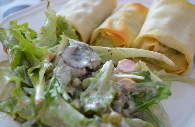 Nems aux épinards et chèvre et salade de mesclun