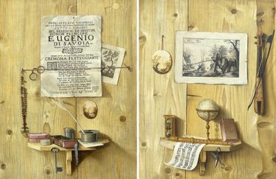 Antonio Gianlisi, Trompe-l'oeil with rosary, spectacles, book and ink well/ Trompe-l'oeil with globe, musical instruments, score