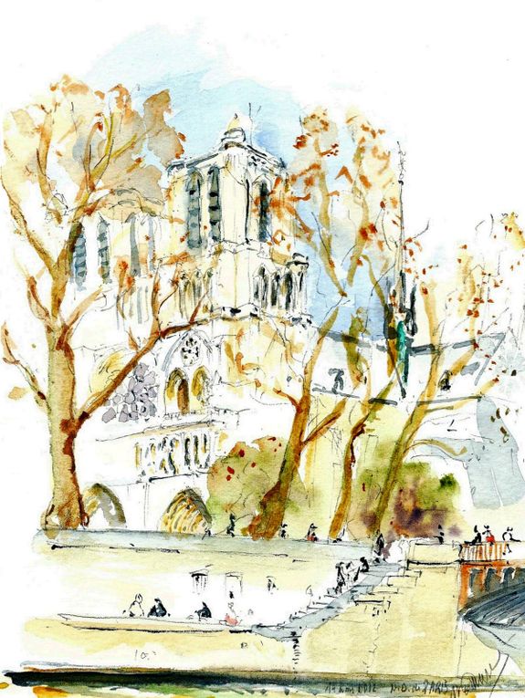aquarelles : 2012; Incendie 15 avril 2019, image/PAO ; 6/09/2019, en travaux ; 2024, la flèche est raposée