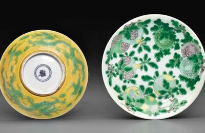 An unusual green, mauve, yellow and black-glazed 'sanduo' dish, Kangxi period (1662-1722)