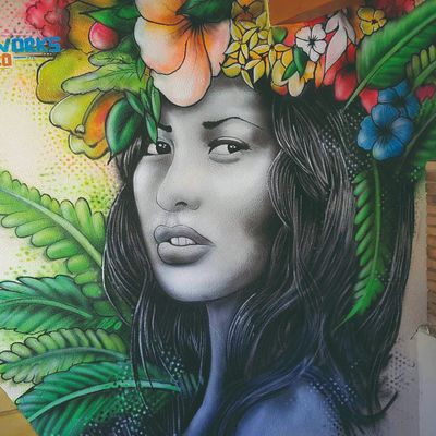 Tahitienne fresque murale technique mixte