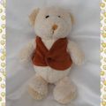 Doudou Peluche Ours Ecru Gilet Marron Caloogan