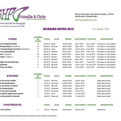 Horaire des Cours, Ateliers et Conférences pour l'hiver 2019, MAJ 23 janvier