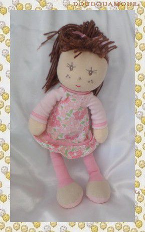 Doudou Poupée Chiffon Robe Fleurs Rose Cheveux Marron Kaloo