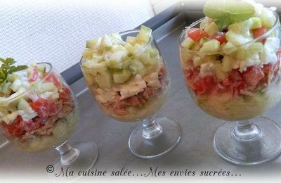 VERRINE TARTARE DE TOMATE - CONCOMBRE - FETA - THON 