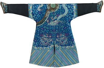 An extremely rare embroidered blue silk dragon robe, jifu, Early Guangxu period, circa 1885 