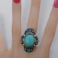 Bague Ciselée Iset Perle Et Strass Turquoise Argent du Tibet Ajustable