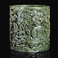 A SUPERBLY CARVED IMPERIAL SPINACH-GREEN JADE BRUSHPOT - QIANLONG (1736-95) 