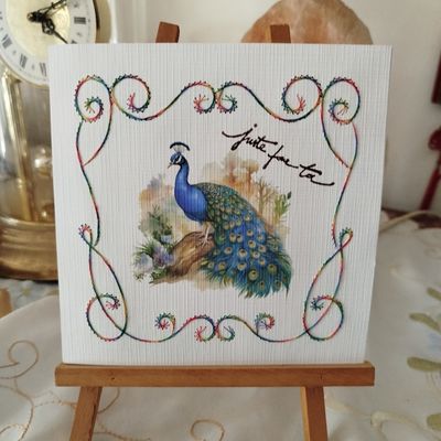 carte brodee un paon