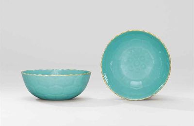 A pair of small moulded turquoise-enamelled lotus-shaped bowls, Qing dynasty, 18th-19th century
