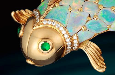 An opal, emerald and diamond brooch, Oscar Heyman & Brothers