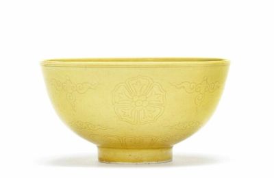 A yellow-glazed incised 'floral medallions' bowl, Guangxu six-character mark and of the period