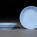 A rare pair of small clair de lune-glazed dishes, Yongzheng six-character mark within double-squares and of the period (1723-1735)