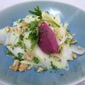 Tagliatelles d'asperges blanches , quenelle de ricotta à la betterave