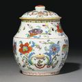 A rare famille rose 'pompadour'-pattern pot-pourri jar and cover. Qianlong period, circa 1745